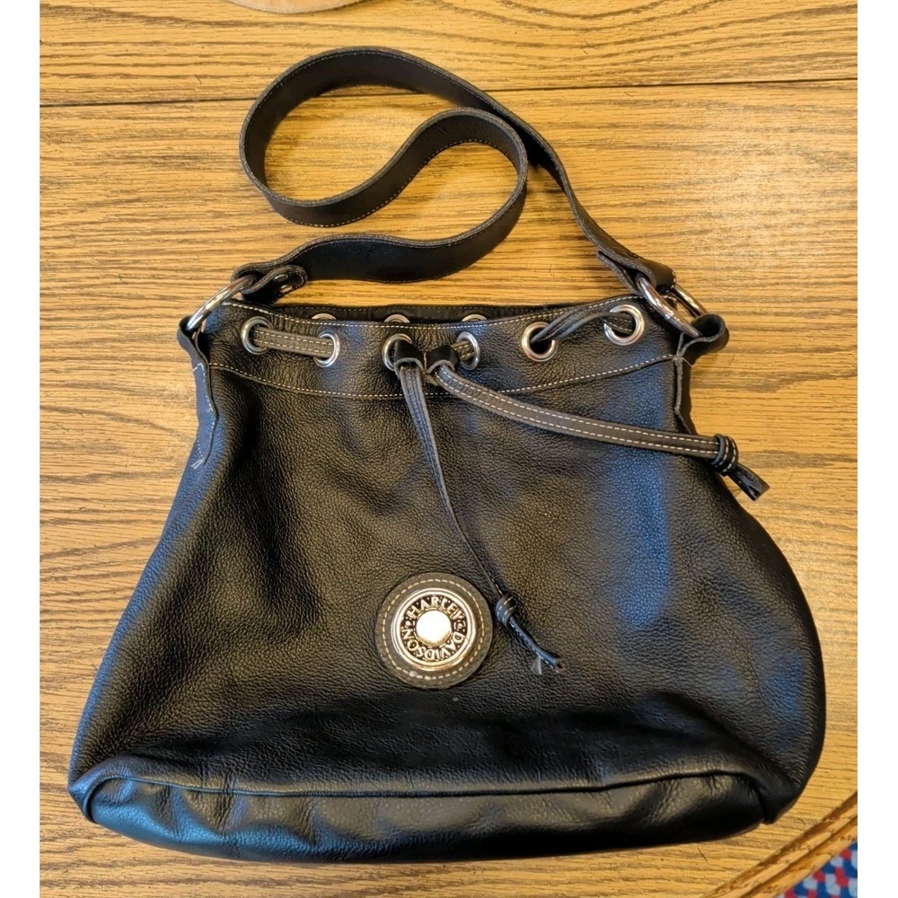 Harley-Davidson Black Leather Shoulder Bag Purse Drawstring Pocket Motorcycle